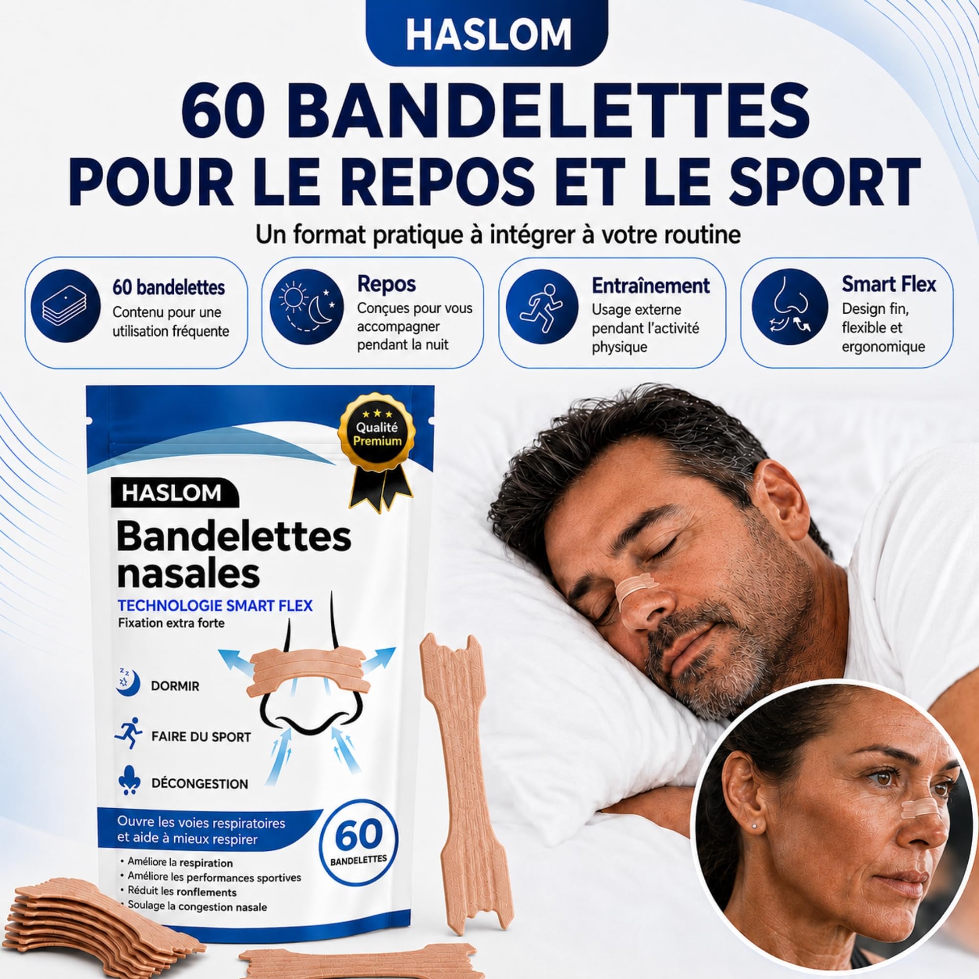 Haslom Premium Bande Nasale Anti Ronflement 60 Patch Nez