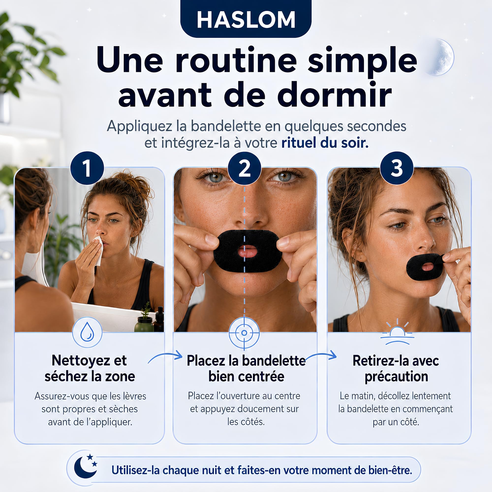 HASLOM Mouth Tape patch bouche 60 patchs trou central coton