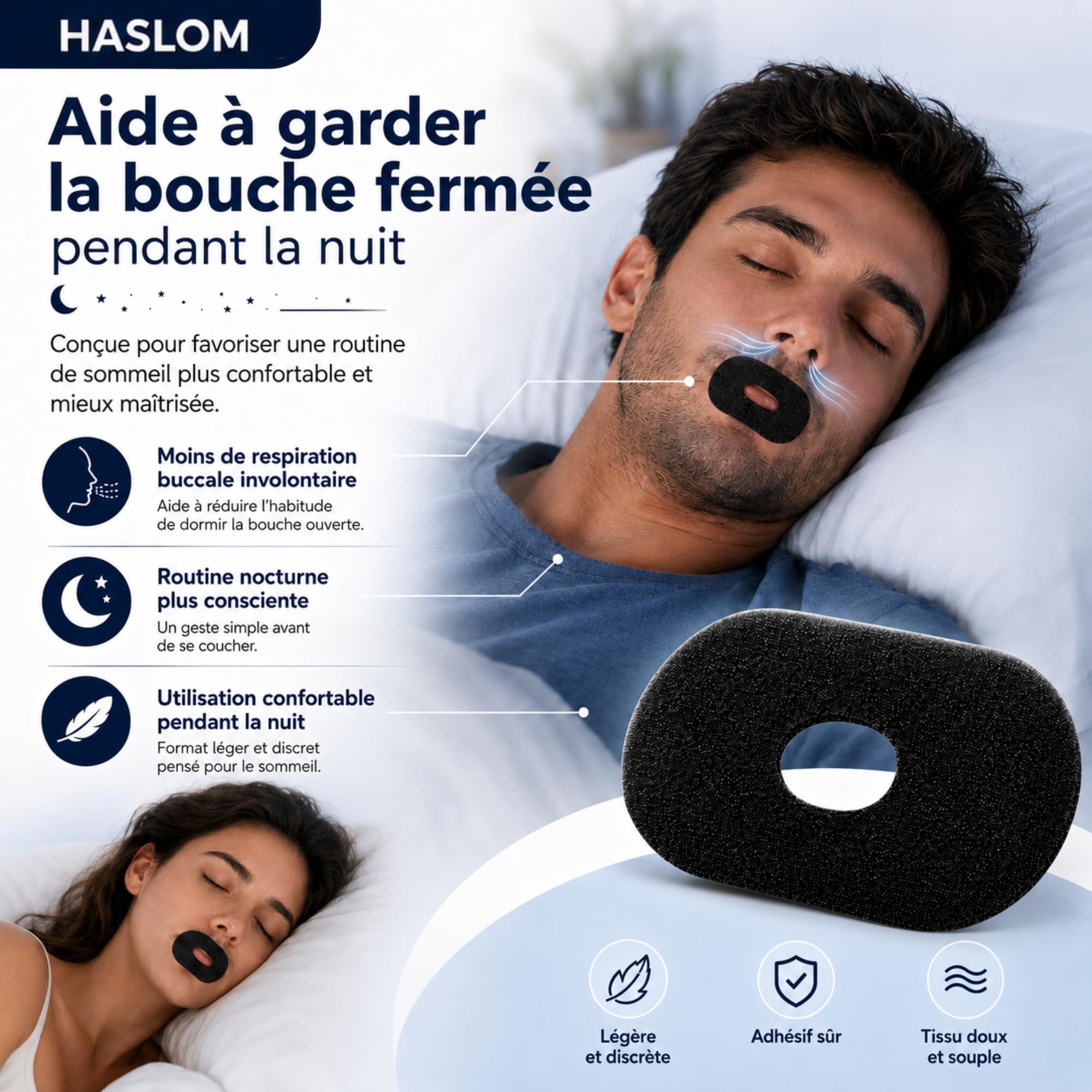 HASLOM Mouth Tape patch bouche 60 patchs trou central coton