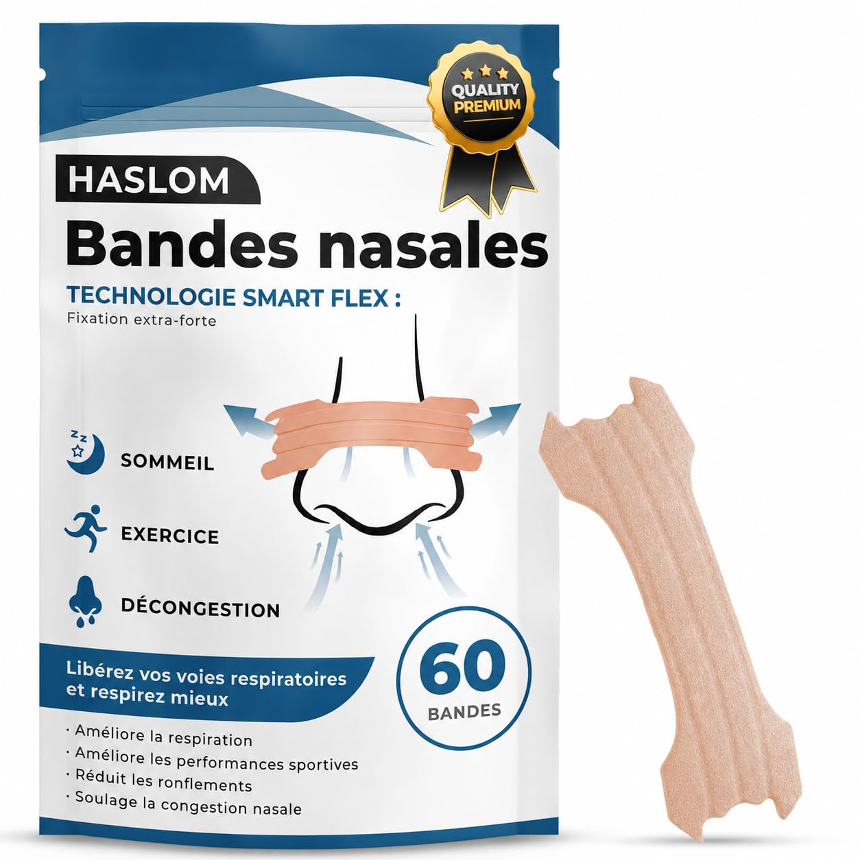Haslom Premium Bande Nasale Anti Ronflement 60 Patch Nez