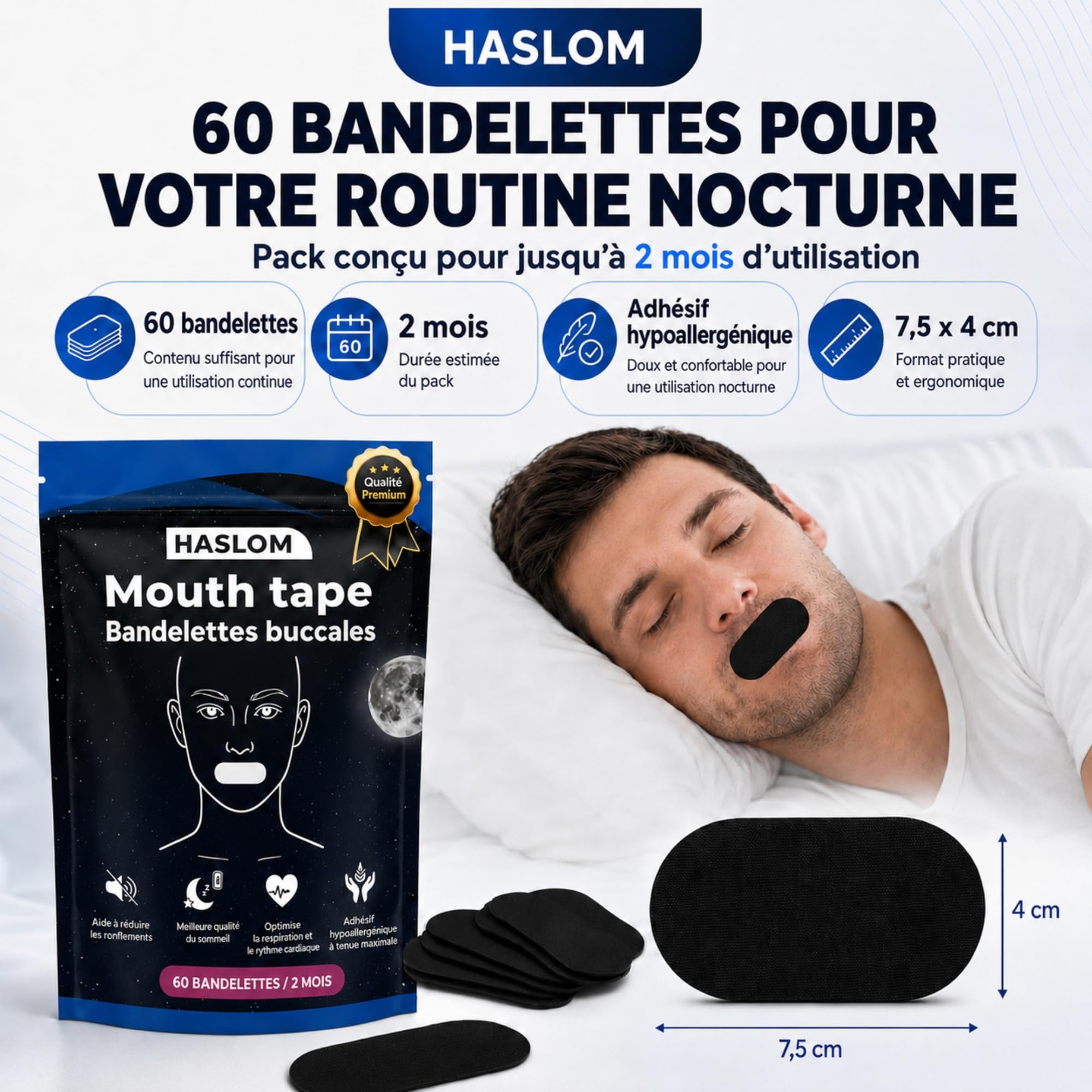 HASLOM Mouth Tape patch bouche 60 patchs coton anti-ronflement