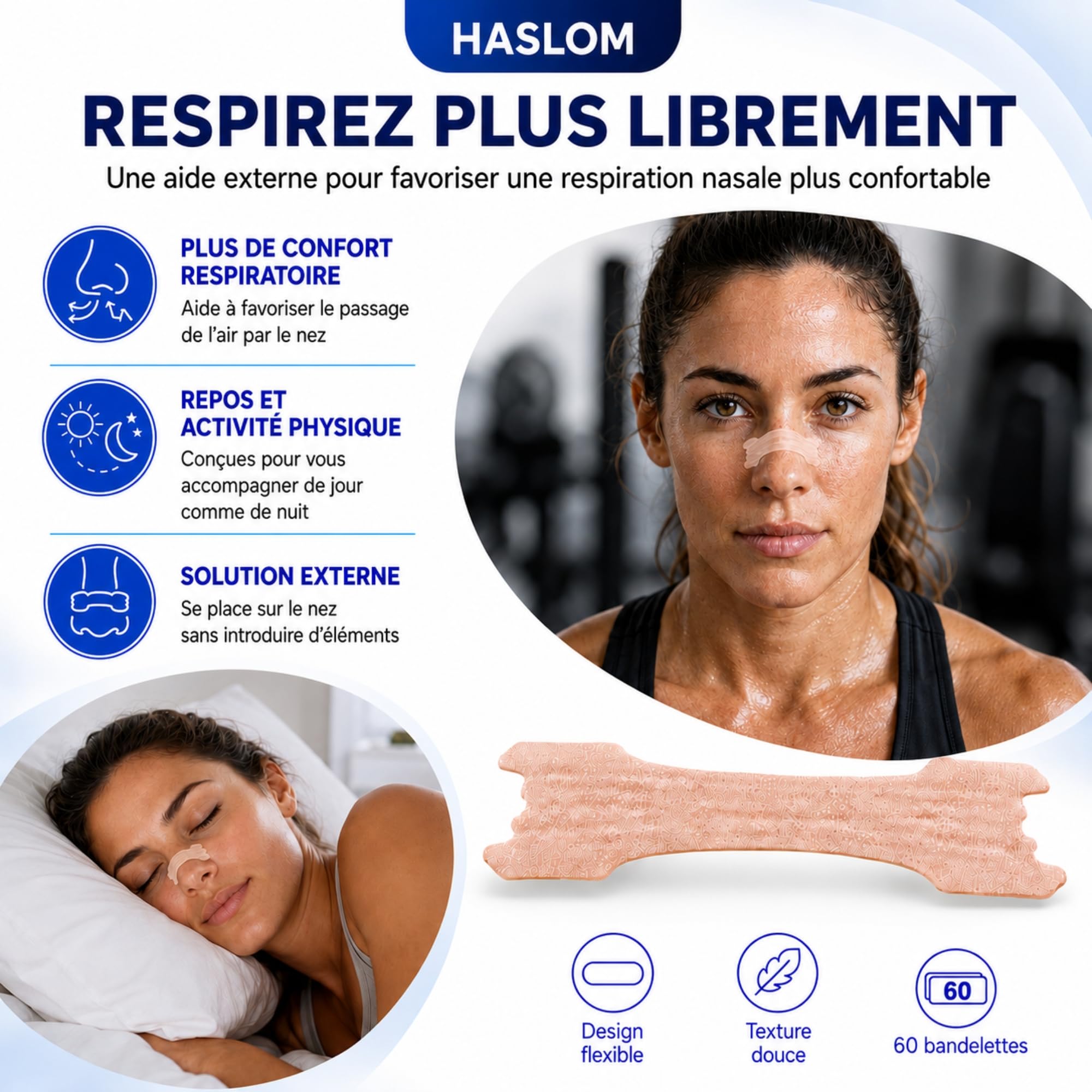 Haslom Premium Bande Nasale Anti Ronflement 60 Patch Nez