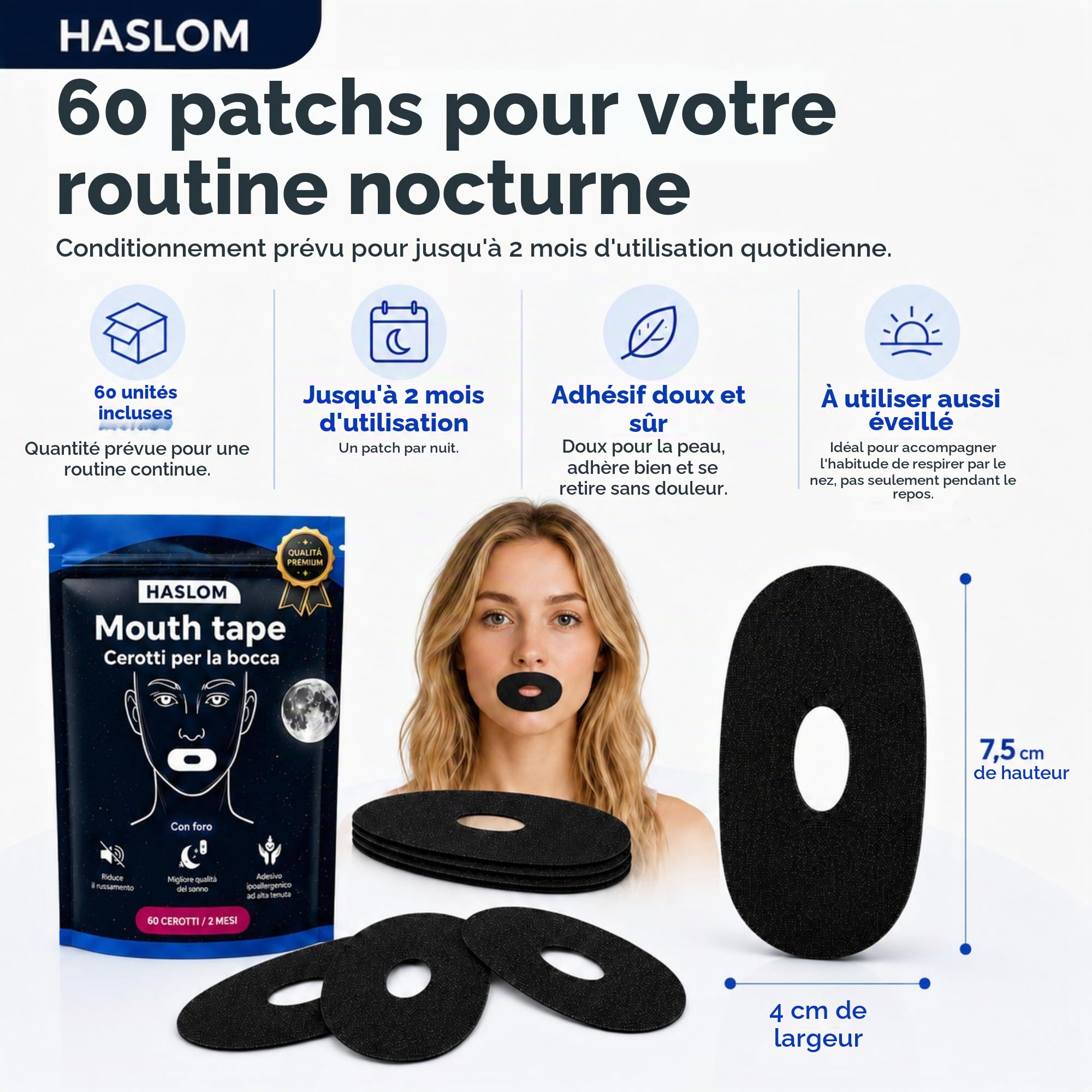 HASLOM Mouth Tape patch bouche 60 patchs trou central coton